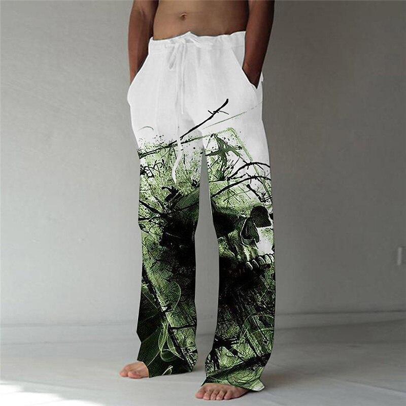 Men's Trousers Summer Pants Beach Pants Elastic Drawstring Design Front Pocket Straight Leg Skull Graphic Prints Comfort Soft Casual Daily Fashion Designer Purple Green3