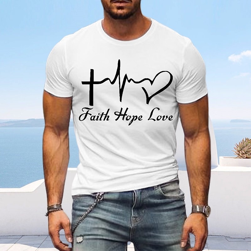 Mens Faith Hope Love T-Shirt, Christian Inspirational Graphic Tee with Heartbeat Cross Design