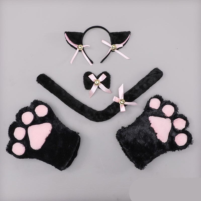 Cat Cosplay Costume Accessories Kitten Ears Tail Collar Paws for Women Girl Halloween Dress Up4