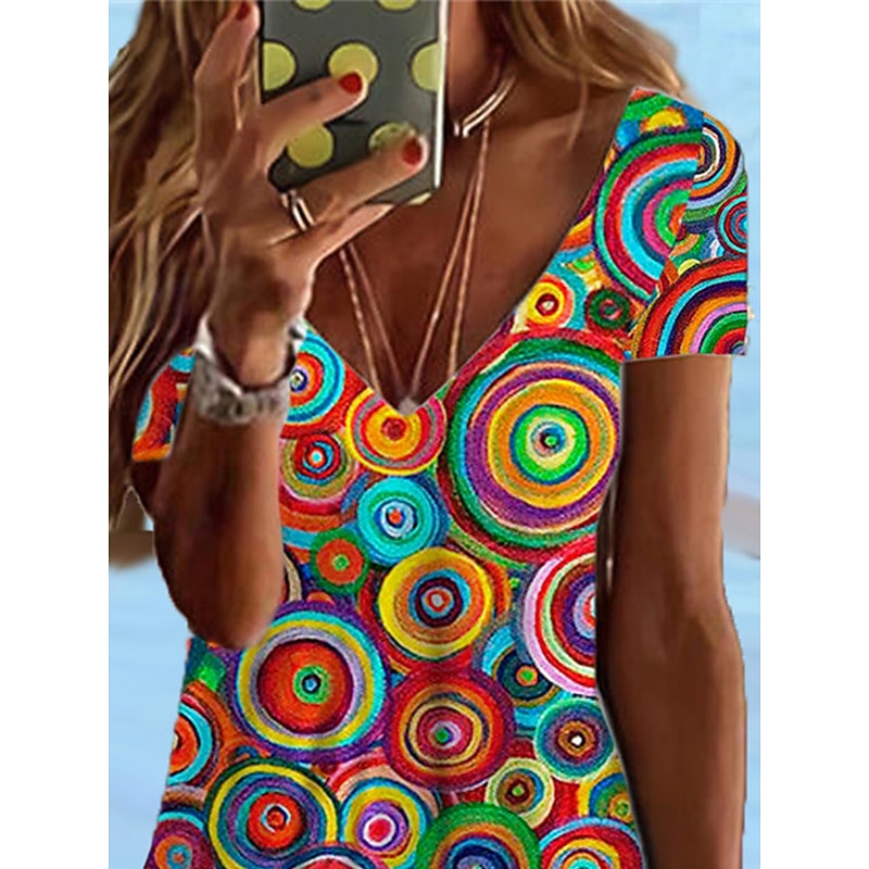 Women's Mini Dress Petite Dress T Shirt Dress Tee Dress Sundress Summer Dress Active Fashion Streetwear Outdoor Vacation Birthday Regular Fit Geometric Short Sleeve V Neck Rainbow Summer3