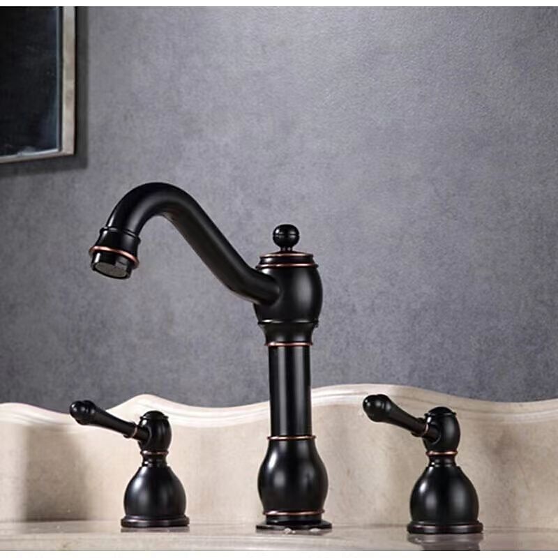 Widespread Bathroom Sink Mixer Faucet, 360° Swivel Brass 3 Hole 2 Handle Basin Tap Deck Mounted, Washroom Basin Vessel Water Tap with Hot and Cold Hose4