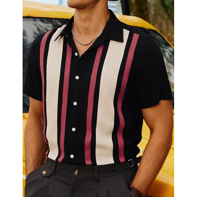 Men's Shirt Summer Shirt Casual Shirt Bowling Shirt Button Up Shirt Black Blue Short Sleeve Striped Lapel Vacation Street Print Clothing Apparel Fashion 1950s Leisure Hawaiian3