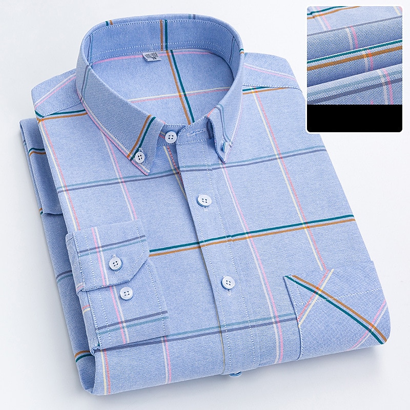 Men's Dress Shirt Button Down Shirt Oxford Shirt Plaid Wedding Office / Career Light Pink Light Blue White Yellow Long Sleeve Button Down Collar Spring &  Fall Clothing Apparel Front Pocket2
