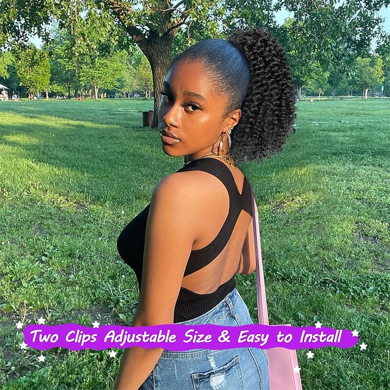 Short Kinky Curly Ponytail Extension for Black Women 10 Inch Natural Black Drawstring Curly Ponytail with Two Clips Synthetic Afro Drawstring Ponytail for Black Women3