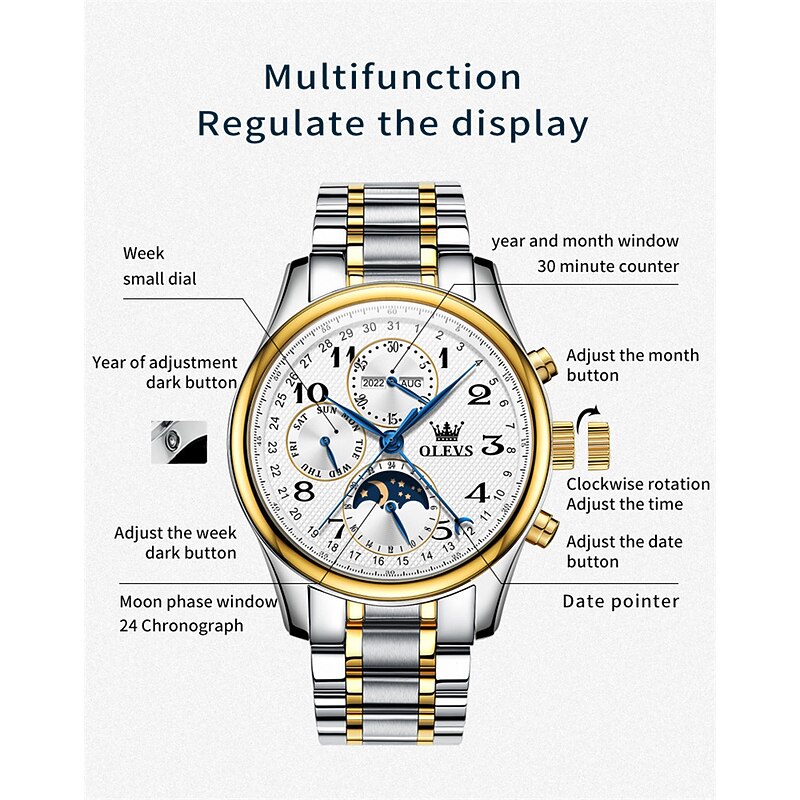 OLEVS Men Mechanical Watch Calendar Luxury Waterproof Wristwatch Automatic Self-winding Moon phase Dual Display Calendar Stainless Steel Strap Watch3