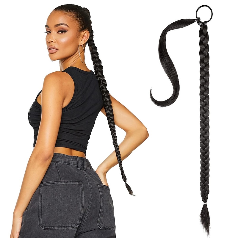 Long Braided Ponytail Extension with Hair Tie Straight Wrap Around Hair Extensions Ponytail Natural Soft Synthetic Hair Piece for Women