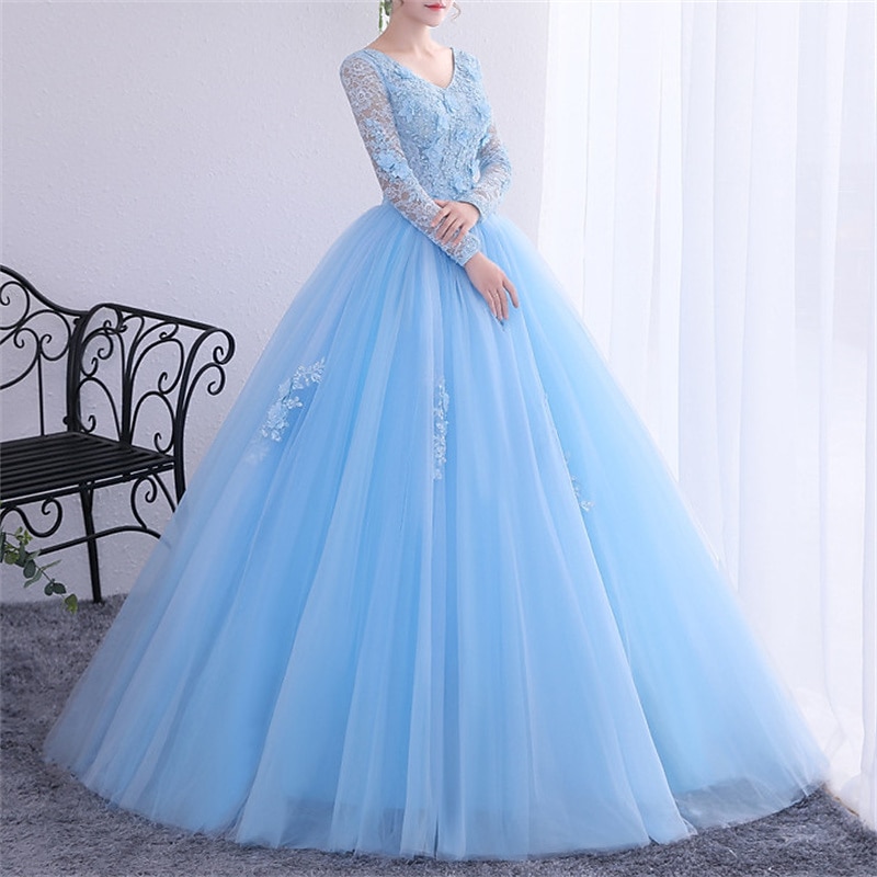 Ball Gown Quinceanera Dresses Princess Dress Performance Quinceanera Floor Length Long Sleeve V Neck  with Crystals Appliques  dress to impress4