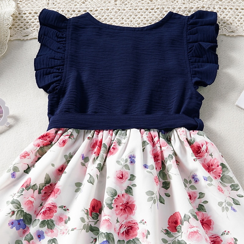 Kids Girls' Dress Floral Short Sleeve Casual Active Daily Cotton Above Knee Casual Dress A Line Dress Summer Spring 2-8 Years Pink Navy Blue4