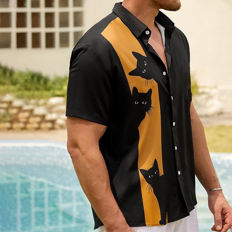 Men's Cat Shirt Summer Shirt Casual Shirt Short Sleeve Fashion 1950s Leisure Vacation Street Going out Summer Lapel Pocket Print Black4