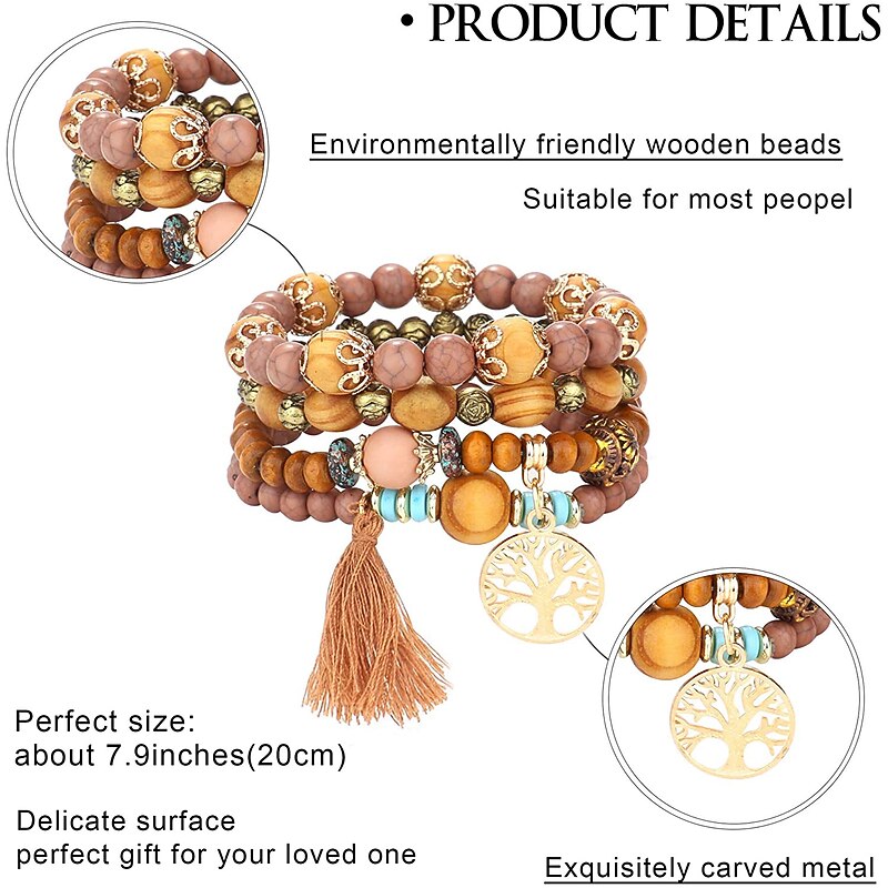 Tree & Tassel Charm Beaded Bracelet Handmade Bohemian Style Multi-layer Wooden Bead Beaded Bracelet Elastic Bracelet Hand Jewelry2