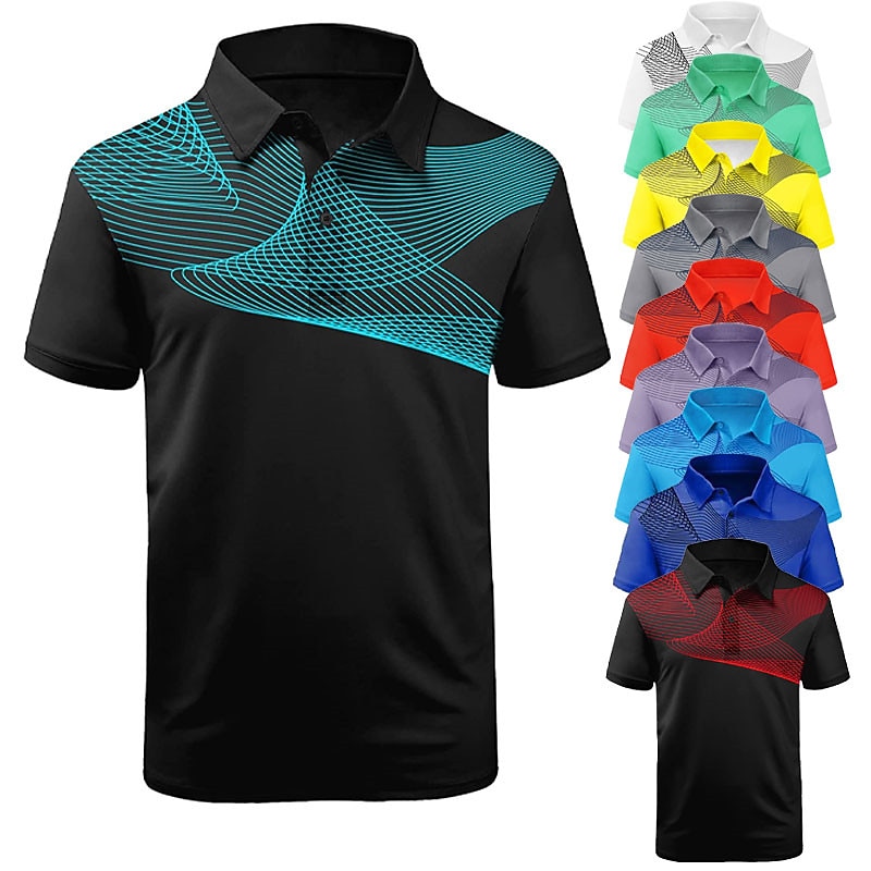 Men's Striped Sports Polo Shirts Golf Shirt Short Sleeve Polo Shirts Collared Shirts Casual Sportswear Vacation Wear Buttons 3D Print Black and Red Black-White Black