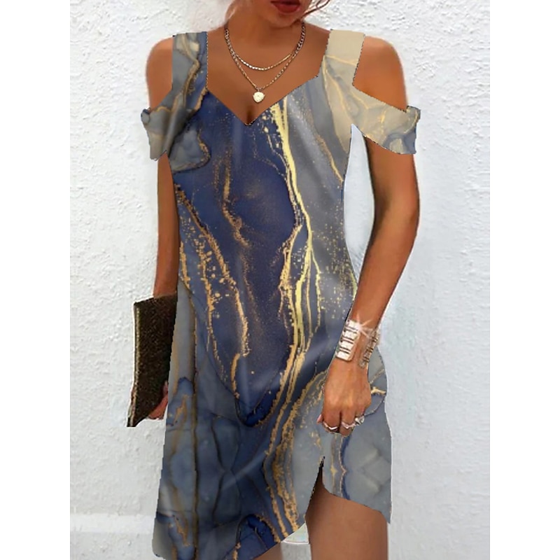 Women's Midi Dress T Shirt Dress Tee Dress Sundress Summer Dress Midi Dress Elegant Semi Formal Vacation Daily Cocktail Party Regular Fit Marble Short Sleeve Sweetheart Dusty Blue Rainbow Summer