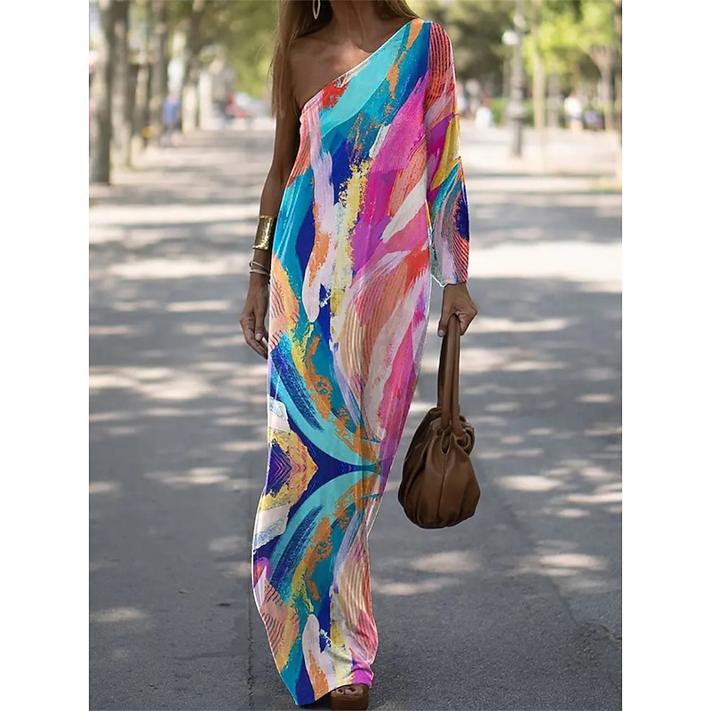 Women's Long Dress Maxi Dress Casual Dress Print Dress Floral Geometric Fashion Streetwear Outdoor Holiday Going out Print Long Sleeve One Shoulder Dress Slim ArmyGreen Blue Orange Summer Spring S M