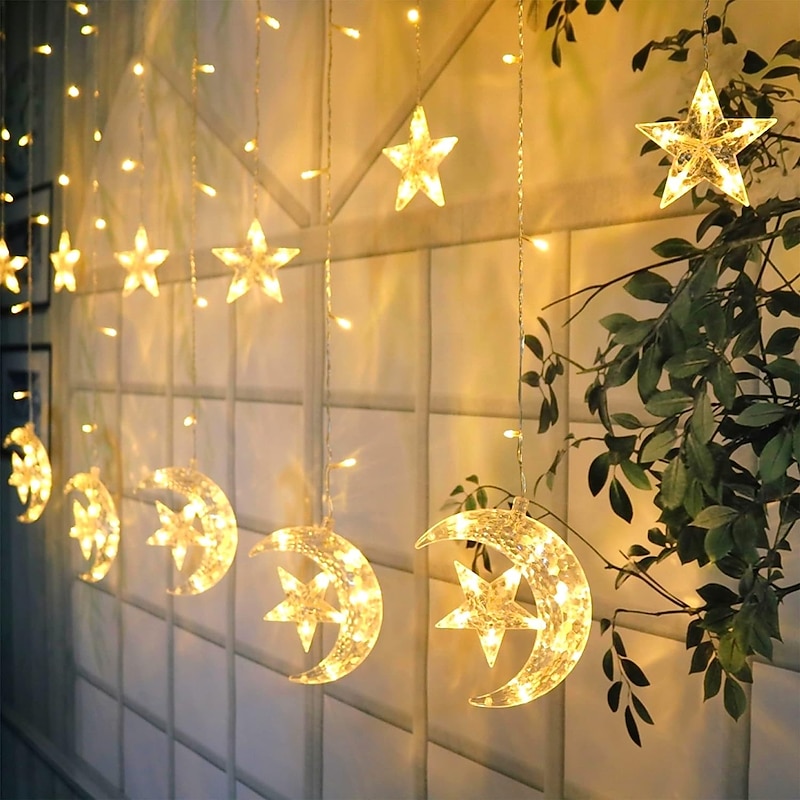 Elegant Wedding Party Reception Ramadan Eid String Lights - 12pcs Moon & Star, 2.5M LED Curtain Lamp, Wedding & Festival Decoration, Neon Lantern Fairy Lights for Eid al-Fitr Holiday2