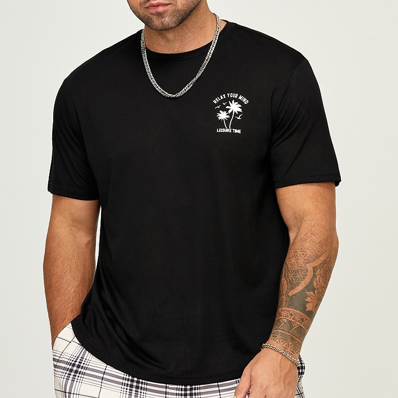Men's Plus Size Big Tall T shirt Tee Tee Graphic Tee Crewneck Black Brown Short Sleeves Outdoor Going out Print Coconut Tree Letter Clothing Apparel Cotton Blend Stylish Casual Tops