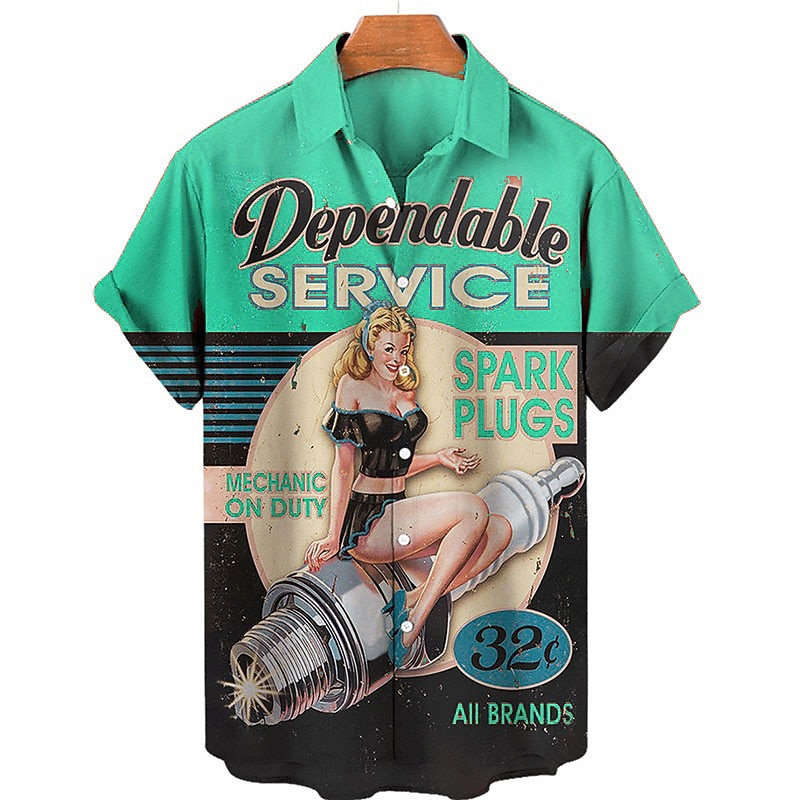 Men's Graphic Letter Pin Up Girl Shirt Summer Hawaiian Shirt Aloha Shirt Short Sleeve Shirt Turndown Vintage Fashion Hawaiian Outdoor Street Casual Lake blue Yellow Pink 3D Print S M L3