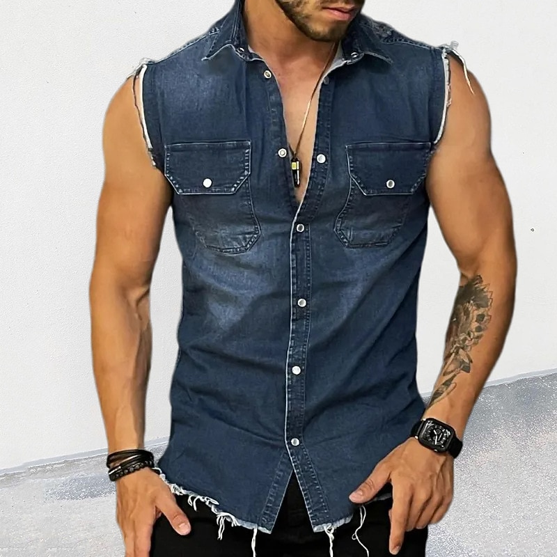 Men's Summer Shirt Button Up Shirt Denim Shirt Black Blue Sleeveless Plain Turndown Vacation Daily Denim Clothing Apparel Polyester Fashion Casual Comfortable