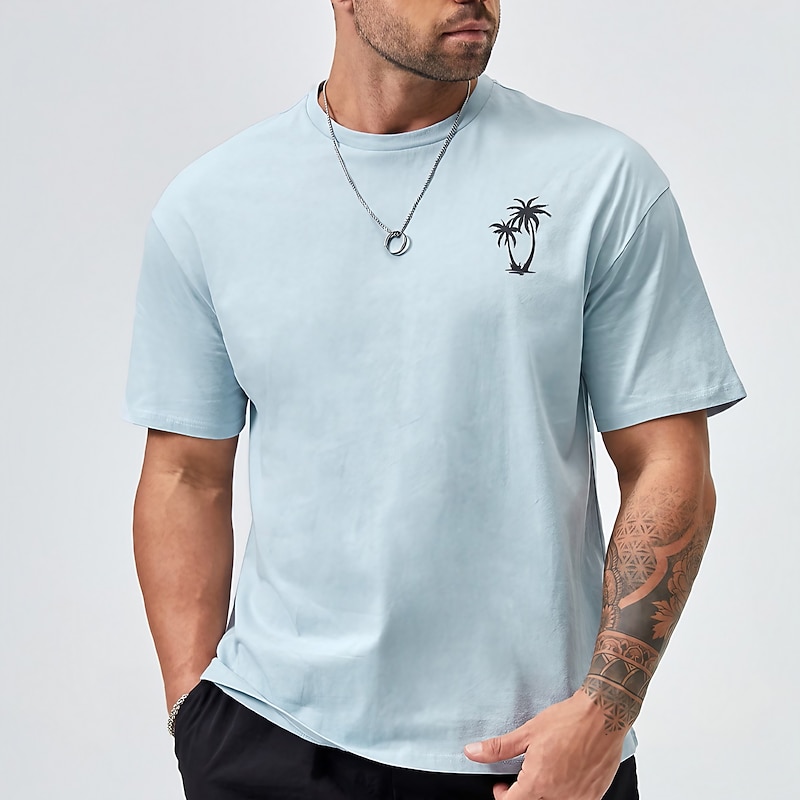 Men's Plus Size Big Tall T shirt Tee Tee Graphic Tee Crewneck Blue Short Sleeves Outdoor Going out Print Coconut Tree Clothing Apparel Polyester Stylish Casual Tops