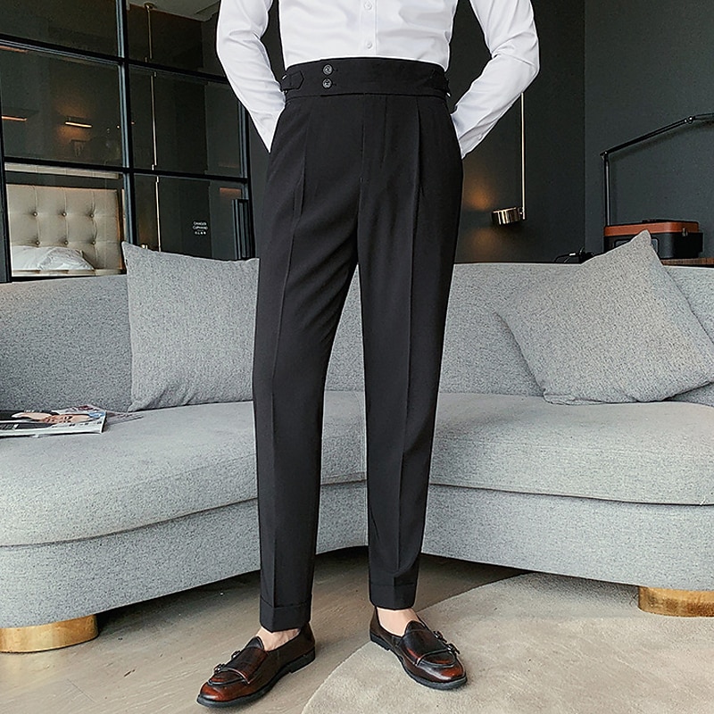 Men's Graduation Dress Pants Trousers Pleated Pants Suit Pants Pocket High Rise Solid Color Comfort Soft Ankle-Length Daily Going out Elegant Vintage Black White High Waist2