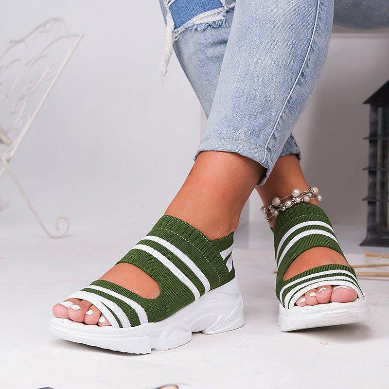 Women's Sporty Knit Peep Toe Sandals with Chunky White Sole and Striped Design, Breathable Platform Sneakers Sandals for Summer Walking and Casual Outfits2