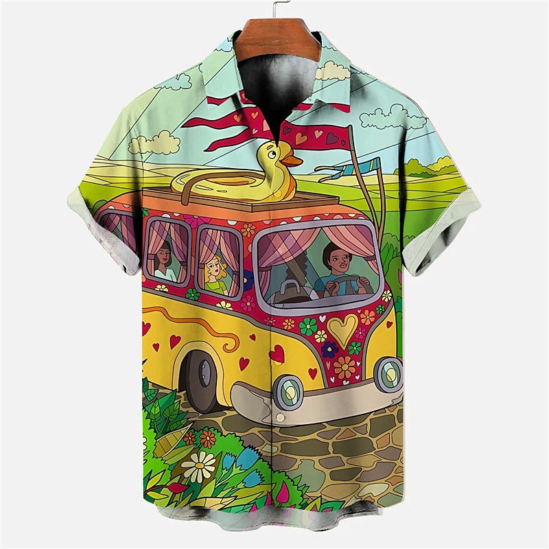 Men's Bus Shirt Summer Hawaiian Shirt Aloha Shirt Short Sleeves Shirt Turndown Fashion Streetwear Designer Outdoor Street Casual Blue Green S M L2