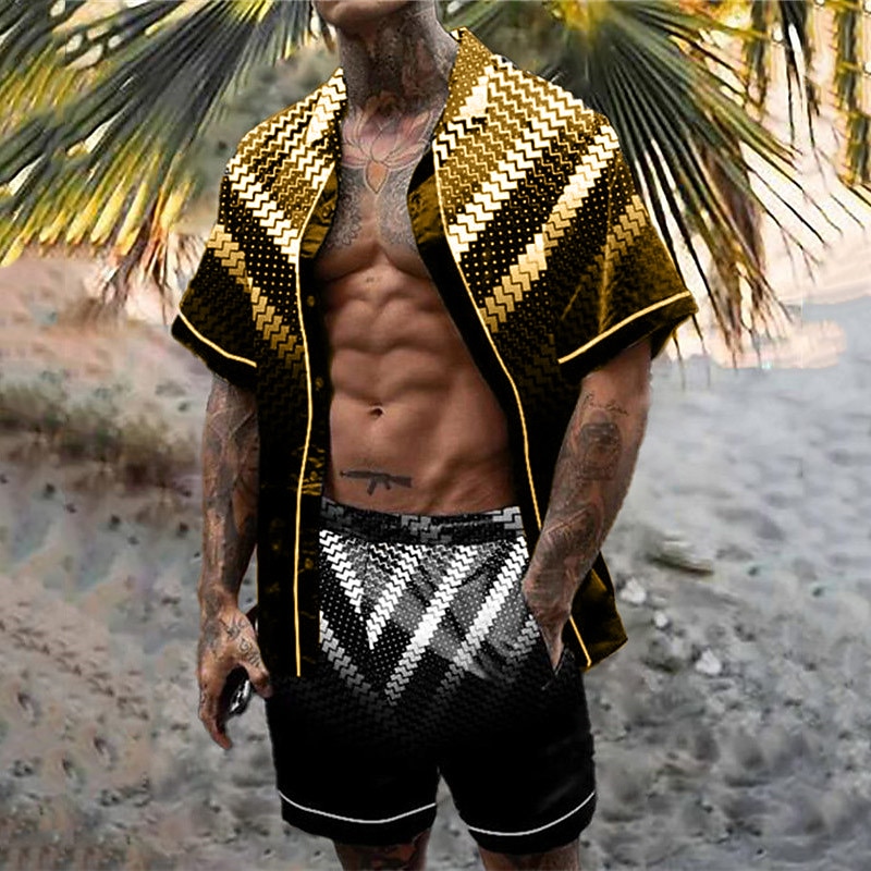 Men's Geometric Pattern Geometry 2pcs Shirts Sets Summer Hawaiian Shirt Short Sleeve Short Pants Turndown Tropical Fashion Hawaiian Casual Holiday Beach Print Summer Spring Black Yellow Red4