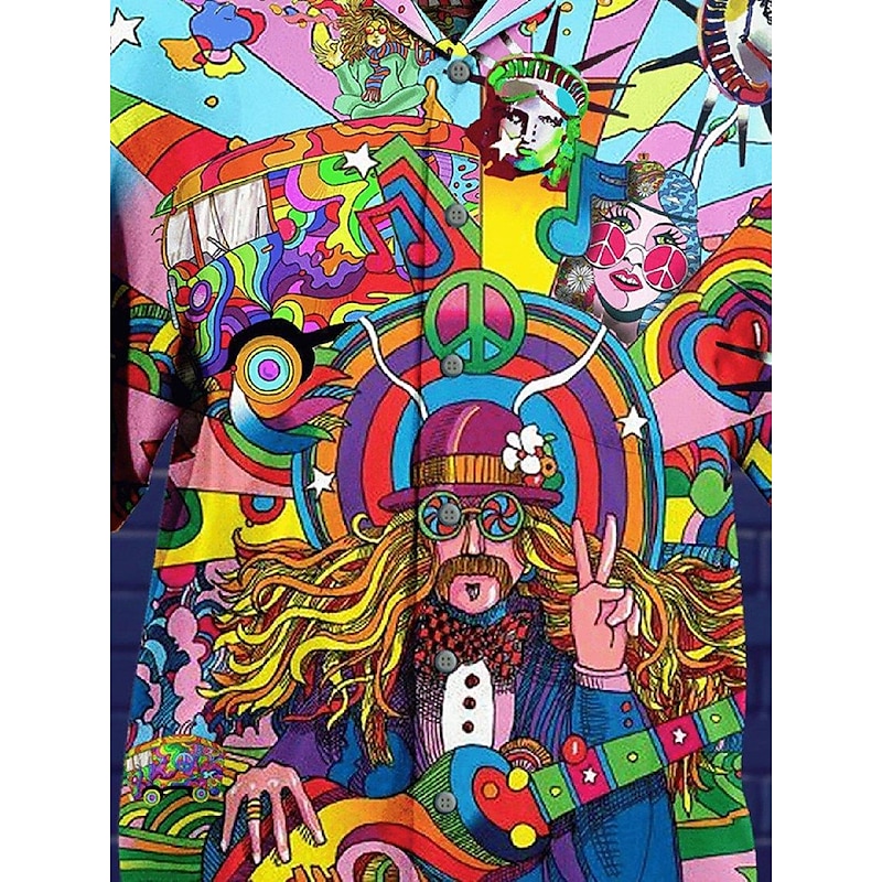 Men's Music Hippie Shirt Summer Hawaiian Shirt Button Up Shirt Short Sleeve Sports Fashion Streetwear Casual Hawaiian Holiday Summer Spring Cuban Collar Print Button-Down White Black / Green Yellow3