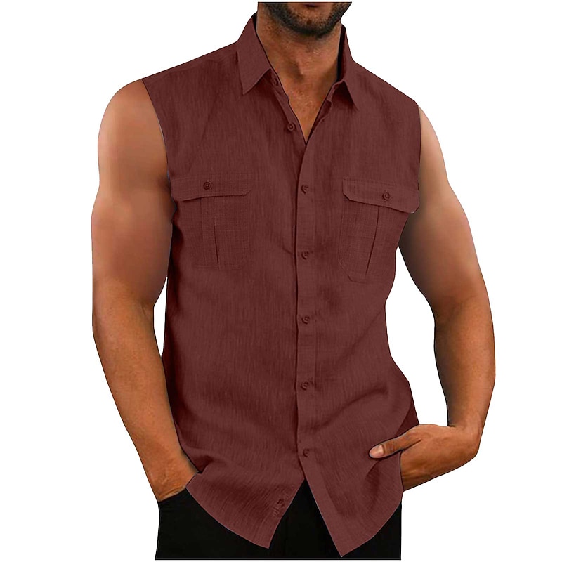 Men's Cotton Linen Shirt Summer Shirt Casual Shirt Beach Shirt Solid / Plain Color Hawaiian Black Blue Purple Green Sleeveless Shirt Collar Summer Clothing Apparel4