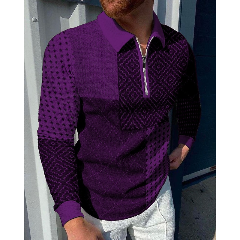 Men's Plaid Zip Polo Shirts Golf Shirt Long Sleeve Polo Shirts Collared Shirts Vintage Casual Vacation Wear Formal Wear Festival Wear 3D Print Quarter Zip Polo Black Yellow Red4