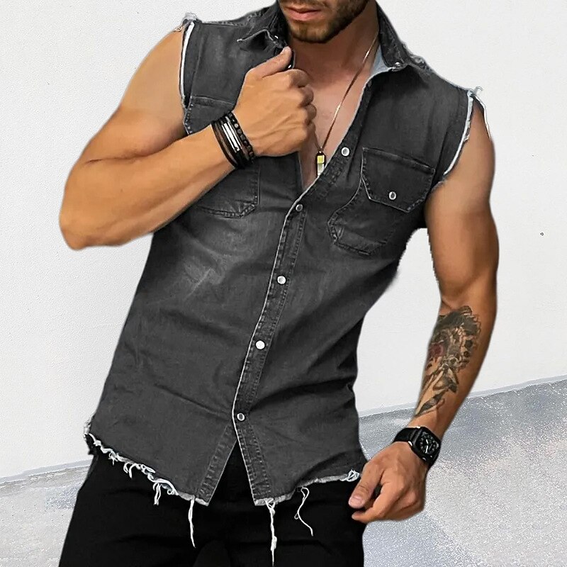Men's Summer Shirt Button Up Shirt Denim Shirt Black Blue Sleeveless Plain Turndown Vacation Daily Denim Clothing Apparel Polyester Fashion Casual Comfortable4