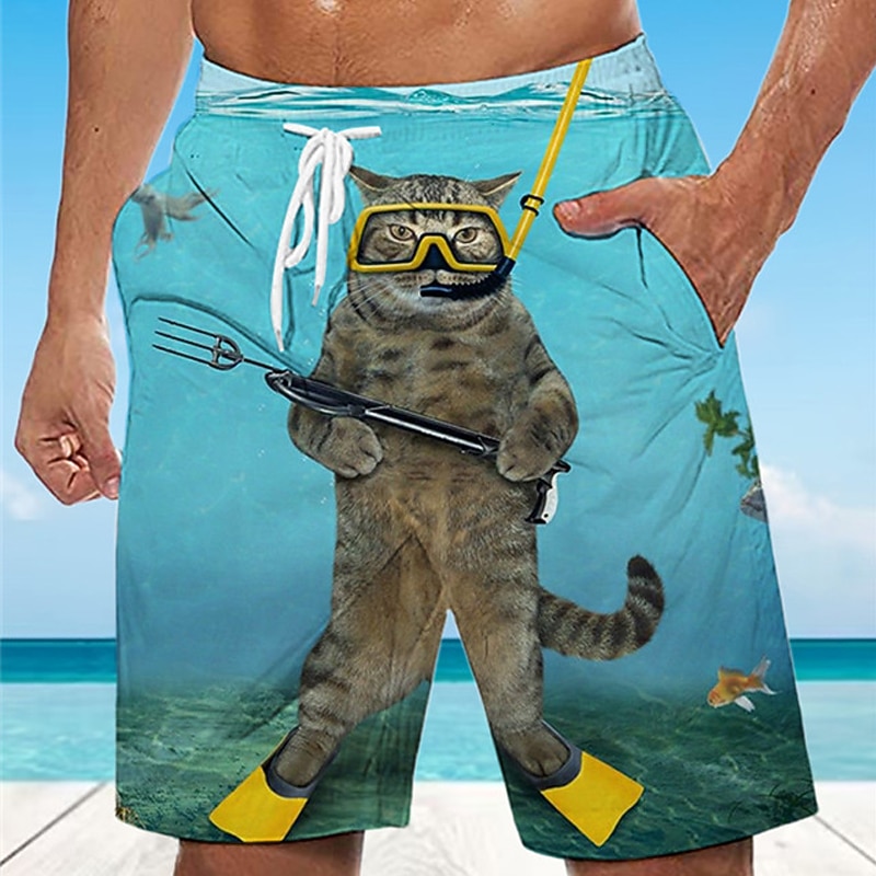 Men's Animal Cat Graphic Prints Swimming Trunks Board Shorts Swim Shorts Mid Waist Hawaiian Boho Casual Daily Holiday Drawstring with Mesh lining Elastic Waist Designer Clothing Apparel3