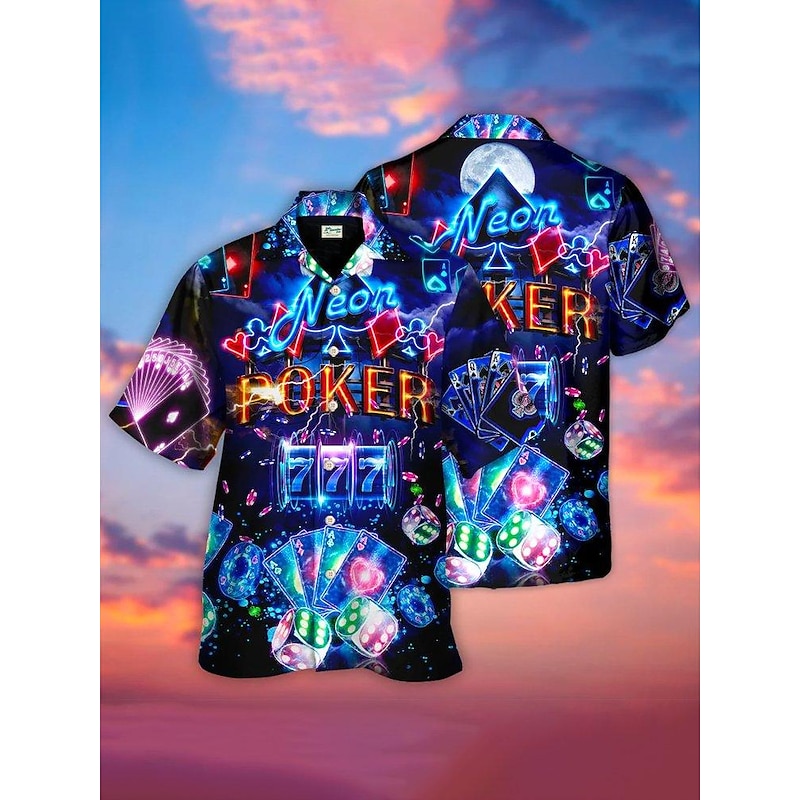 Men's Letter Poker Lights Shirt Summer Hawaiian Shirt Aloha Shirt Short Sleeve Shirt Cuban Collar Sports Fashion Streetwear Casual Hawaiian Holiday Yellow Red Blue S M L4