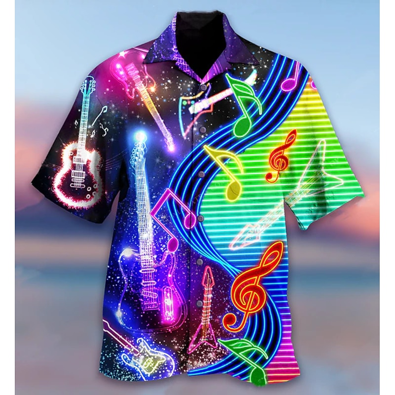 Men's Boardmasters Guitar Shirt Summer Hawaiian Shirt Button Up Shirt Short Sleeve Tropical Fashion Hawaiian Casual Hawaiian Holiday Summer Spring Turndown Print Button-Down Blue Green3