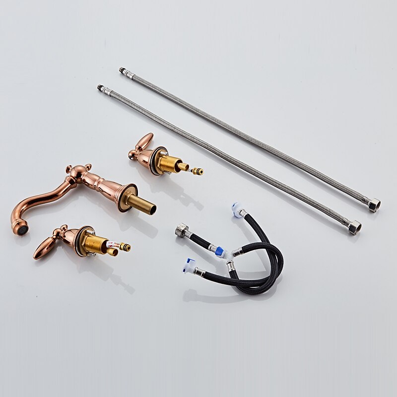 Widespread Bathroom Sink Mixer Faucet, 3 Hole 2 Handle Brass Basin Taps Vessel Water Tap Washroom with Hot and Cold Hose Deck Mounted, Wash Basin Faucet 7