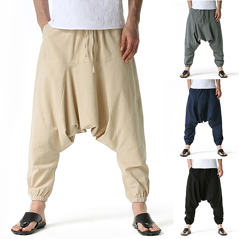 Men's Joggers Linen Pants Trousers Summer Pants Harem Pants Drawstring Elastic Waist Baggy Plain Outdoor Sports Knee Length Home Daily Holiday Boho Hippie Loose Fit Black Navy Blue Micro-elastic