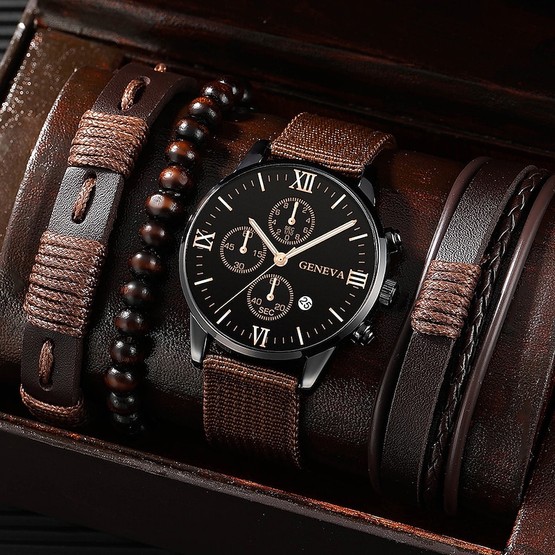 Men's 4pcs/Set Quartz Watch for Men Analog Quartz Retro Stylish Chronograph Alloy Nylon Sport Style Watches4