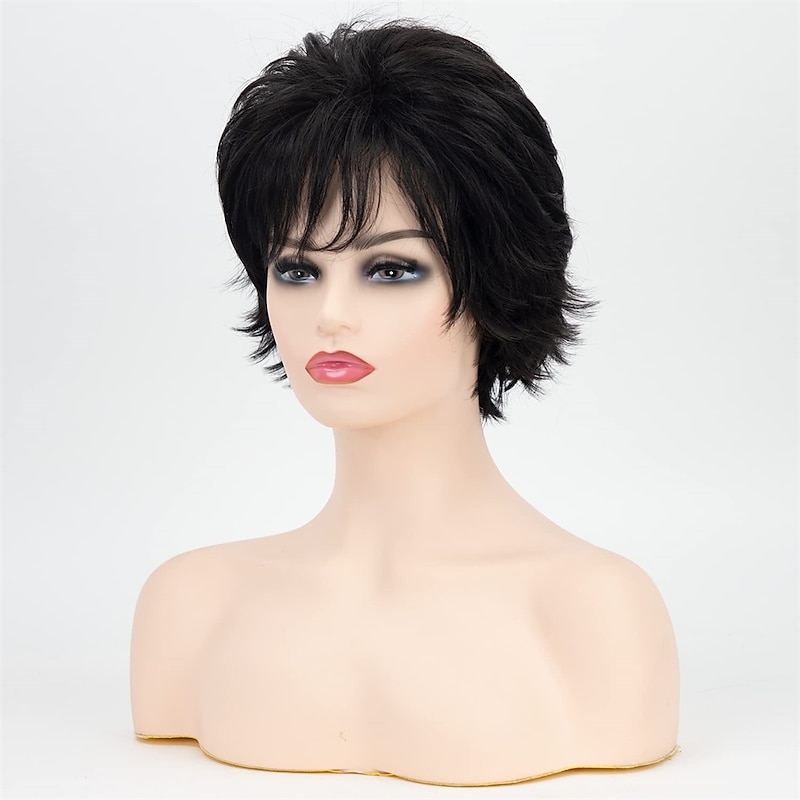 Short Mixed Brown Pixie Cut Wigs for White Women Shaggy Layered Red Brown Curly Wig with Bangs Natural Wavy Synthetic Hair Wig for Daily Party3