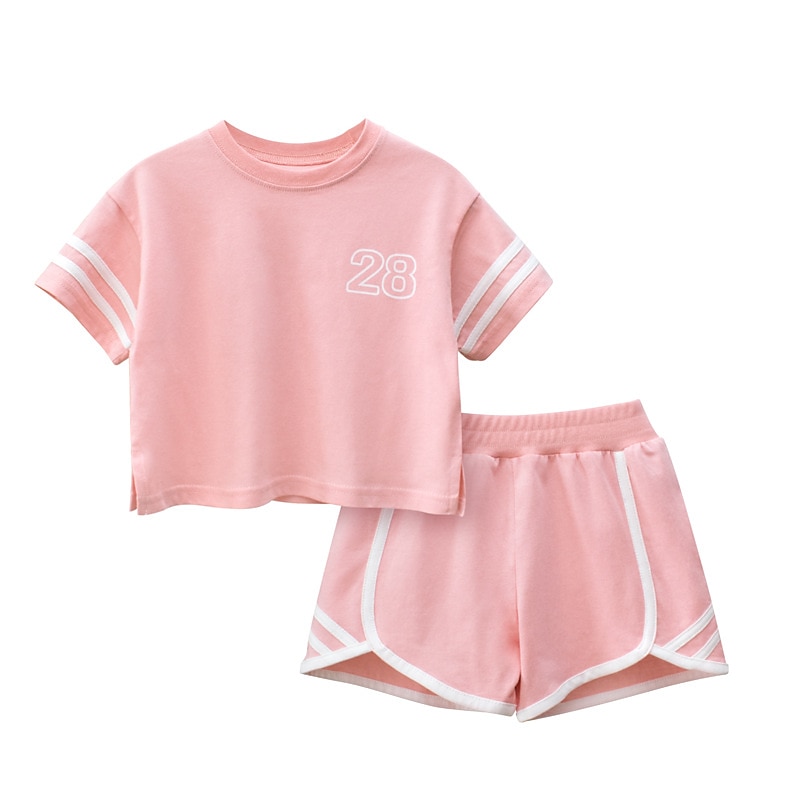 2 Pieces Kids Girls' Letter Shorts Suit Set Short Sleeve Active Casual Cotton 7-13 Years Summer Pink Gray