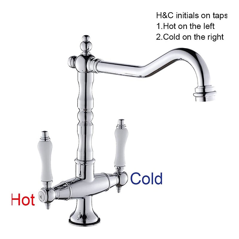 Twin Lever Traditional Kitchen Sink Mixer Taps, Dual Lever Cold and Hot Faucet Deck Mounted, 360° Swivel Spout Sink Tap with 2 Ceramic Handles, Antique Brass Classic Double Handle for Kitchen Bathroom2