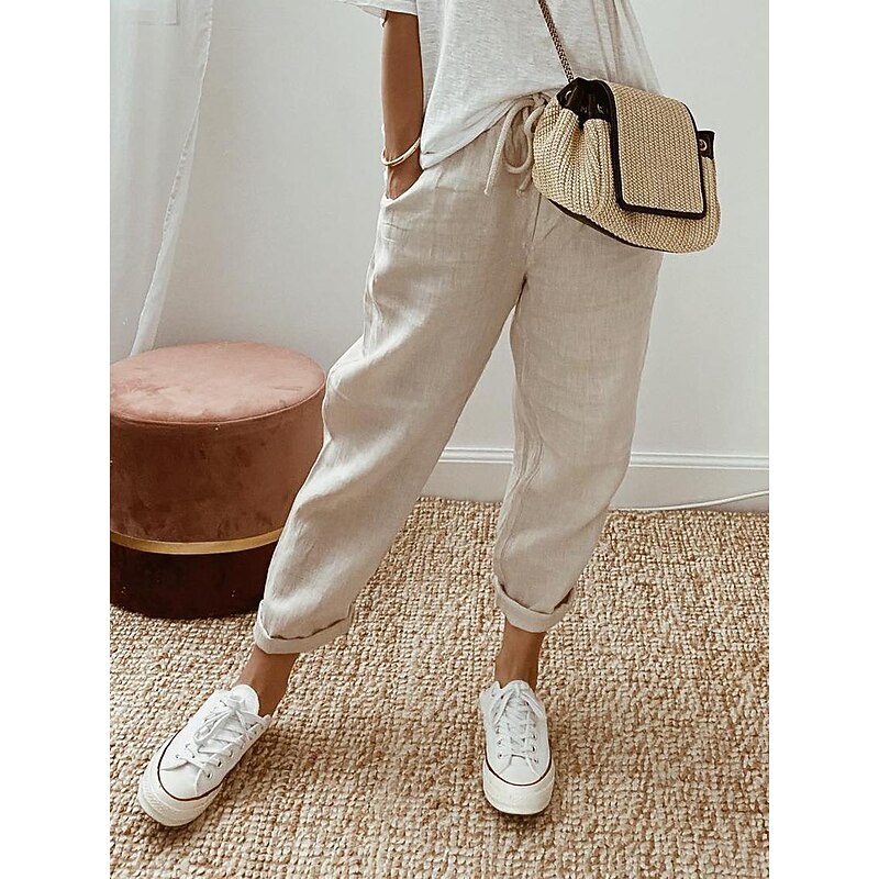Women's Baggy Pants Solid Comfort Full Length Drawstring Side Pockets Baggy Comfort Inelastic Casual Daily Black White Blue Green Summer Spring Fall Regular Fit