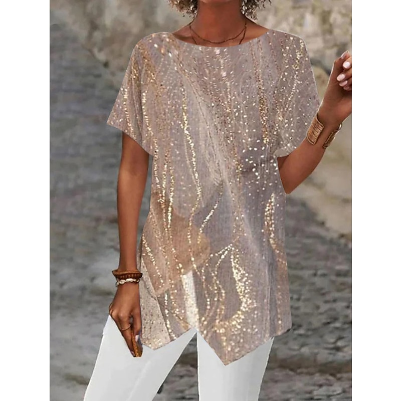 Women's Blouse Asymmetrical Hem Basic Abstract Print Short Sleeve Long Tops Round Neck Casual Silver Black White Blue Khaki4