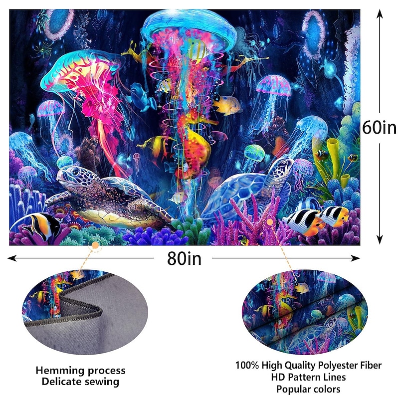Blacklight Tapestry UV Reactive Glow in the Dark Glow Party Neon Jellyfish Marine Psychedelic Trippy Misty Hanging Tapestry Wall Art Mural for Living Room Bedroom4