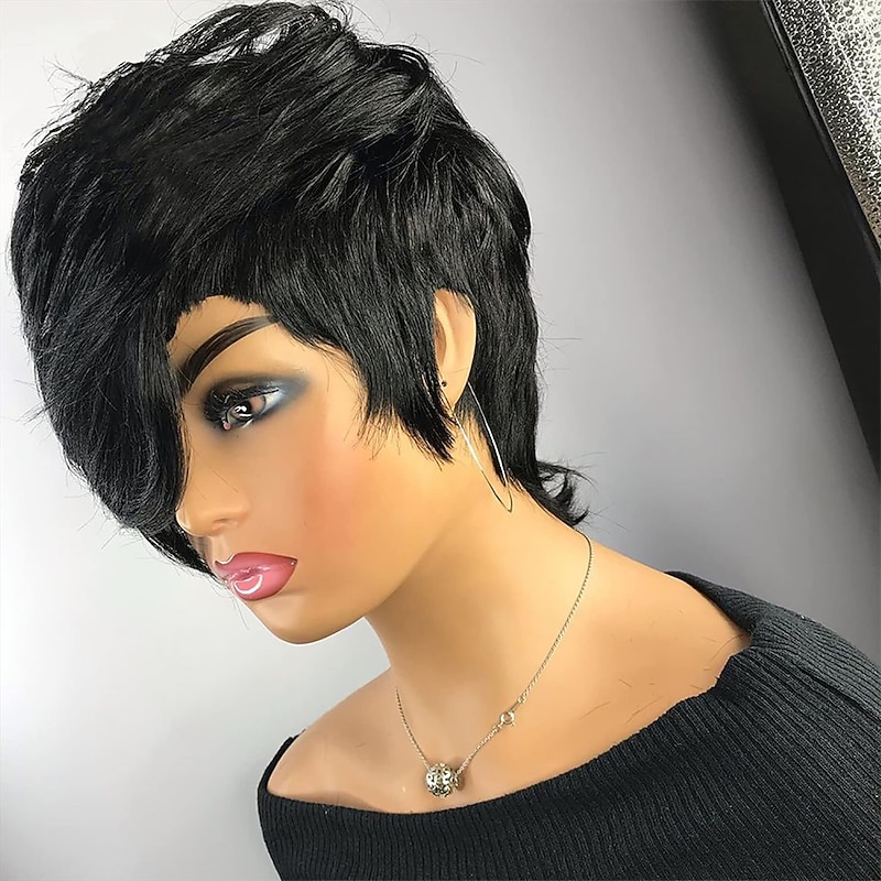 Pixie Cut Wig for Black Women 100% Virgin Human Hair None Lace Front Layered Wigs with Bangs Brazilian Real Human Hair Short Pixie Wigs for Black Women Daily Use Natual Black Color3