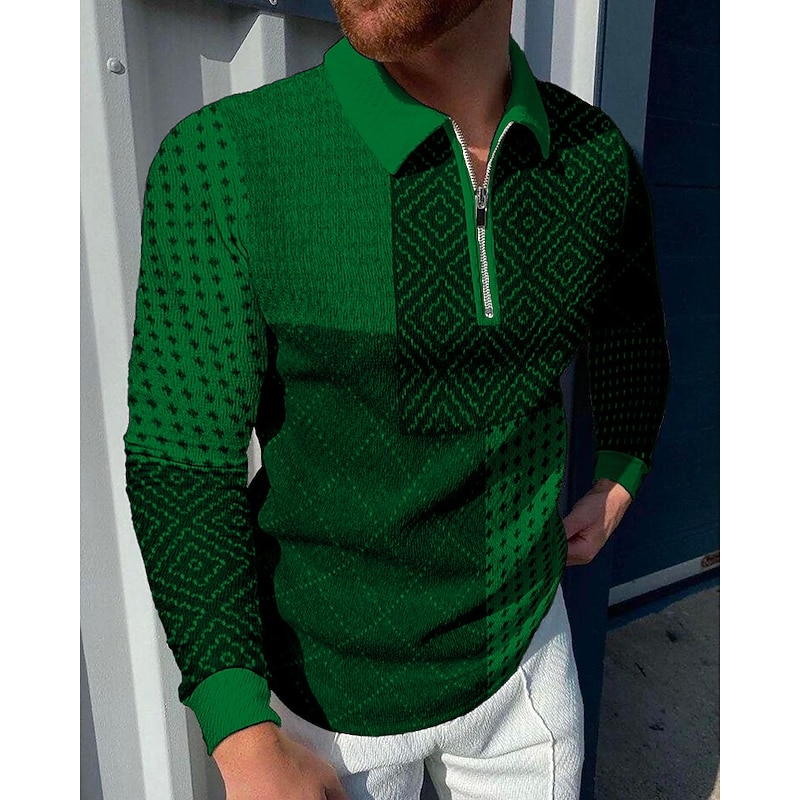 Men's Plaid Zip Polo Shirts Golf Shirt Long Sleeve Polo Shirts Collared Shirts Vintage Casual Vacation Wear Formal Wear Festival Wear 3D Print Quarter Zip Polo Black Yellow Red3