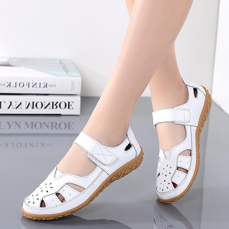 Women's White Cut-Out Faux Leather Sandals with Velcro Strap – Comfortable Casual Walking Shoes for Summer