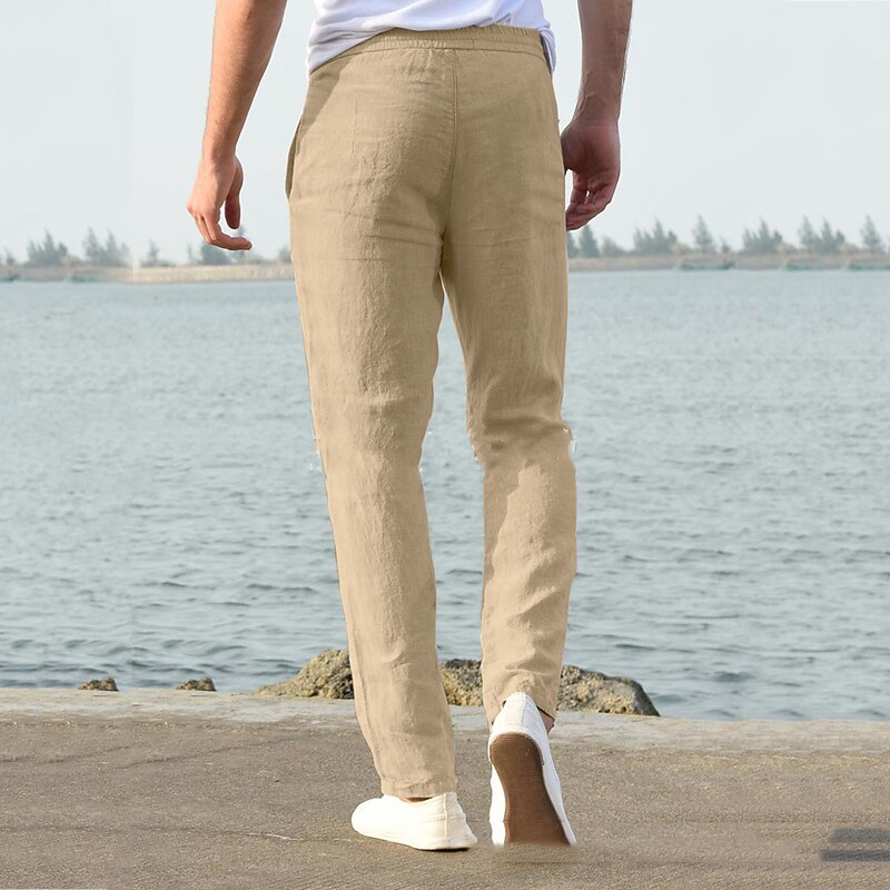 Men's Linen Pants Trousers Summer Pants Beach Pants Casual Pants Drawstring Elastic Waist Plain Lightweight Breathable Full Length Yoga Casual Daily Basic Black White4