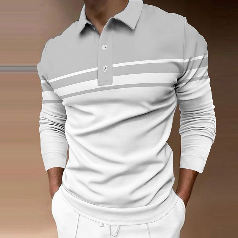 Men's Polo Shirt Golf Shirt Street Casual Polo Collar Classic Long Sleeve Designer Basic Striped Button Front Button-Down Spring &  Fall Regular Fit Black Light Green Pink Blue Khaki Light Grey Polo4
