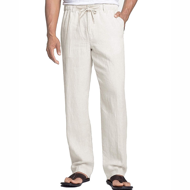 Men's Linen Pants Trousers Summer Pants Beach Pants Casual Pants Pocket Elastic Waist Plain Comfort Breathable Outdoor Daily Going out Fashion Casual Black White2