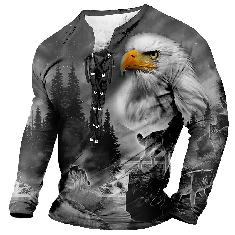 Eagle And Wolves Casual Mens 3D Shirt For | Green Winter Polyester | Men'S Tee Graphic Animal Collar Clothing Apparel 3D Print Daily Long Sleeve Lace Up Fashion Designer4