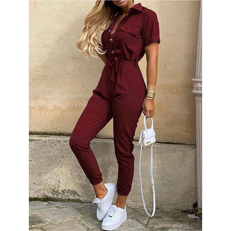 Women's Jumpsuits Casual Summer Button Solid Color Shirt Collar Streetwear Daily Vacation Regular Fit Short Sleeve Pink Wine Navy Blue S M L2